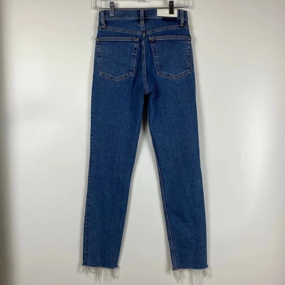 Re/Done High-Rise Ankle Crop Jeans Raw Hem Button Fly Medium Wash Womens Sz 26 - Picture 8 of 11